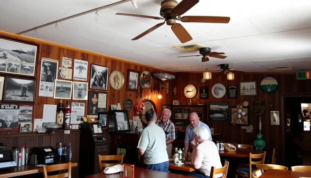 Interior of the Little A'Le'Inn showing UFO memorabilia and alien-themed decorations