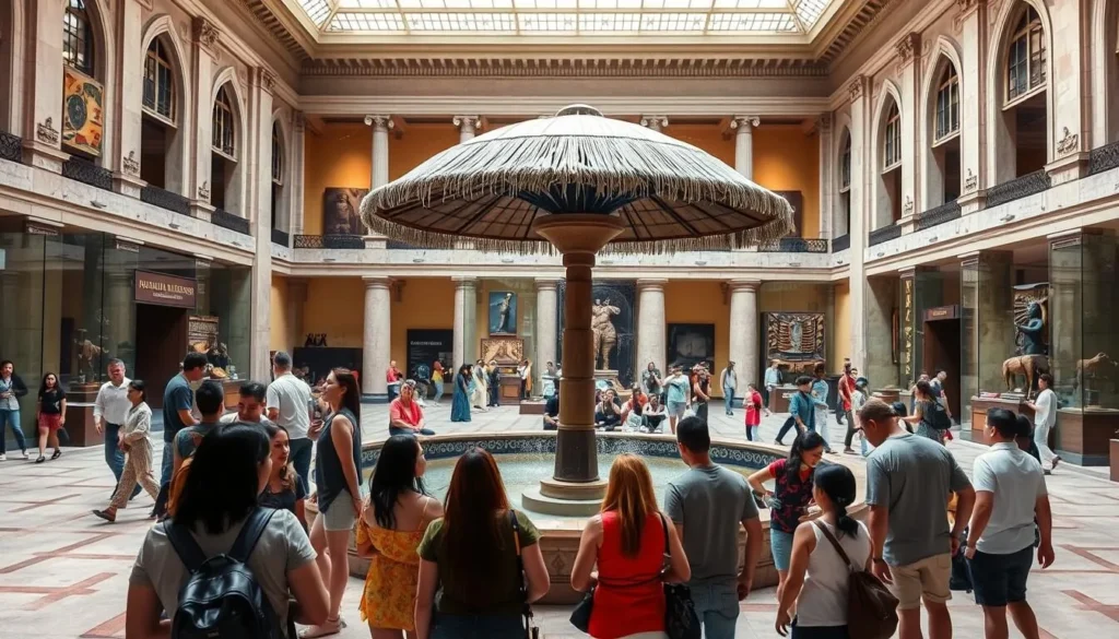 Interior of the National Museum of Anthropology in Mexico City with visitors viewing exhibits