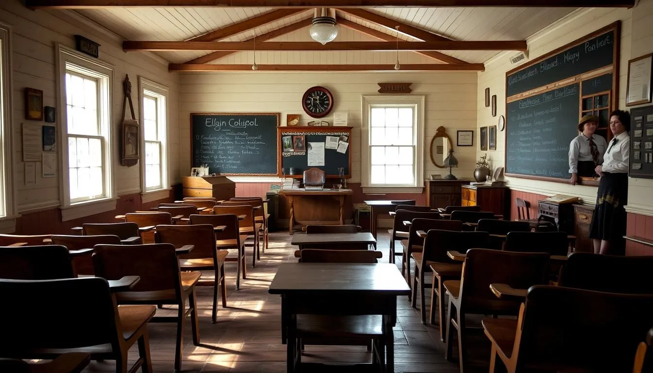 Interior-view-of-Elgin-Schoolhouse-showing-historic-classroom-with-original-desks-and Interior view of Elgin Schoolhouse showing historic classroom with original desks and educational materials