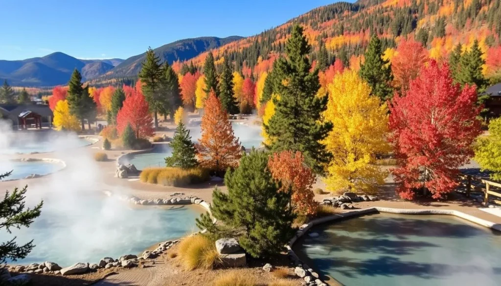 Iron Mountain Hot Springs during fall with colorful autumn foliage surrounding the pools