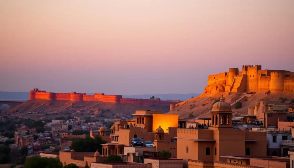 Jaisalmer Fort at sunset with its golden sandstone walls glowing against the desert landscape
