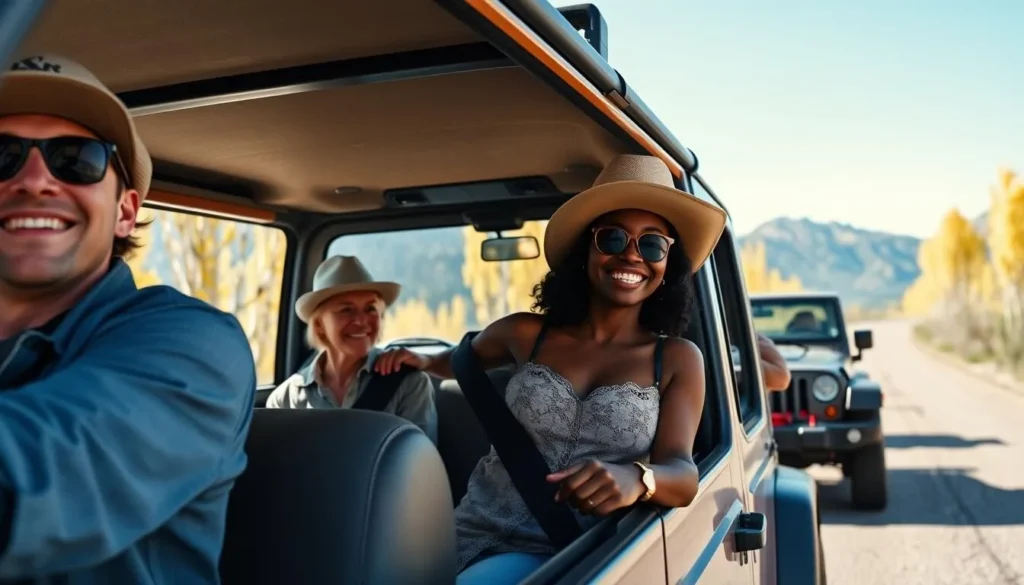 Jeep tour with tourists on the rugged road to Crystal Colorado with mountain views