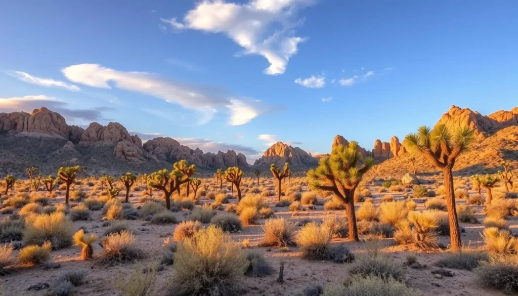 Joshua Tree National Park landscape with distinctive Joshua trees near Santa Rosa and San Jacinto Mountains Joshua Tree National Park landscape with distinctive Joshua trees near Santa Rosa and San Jacinto Mountains