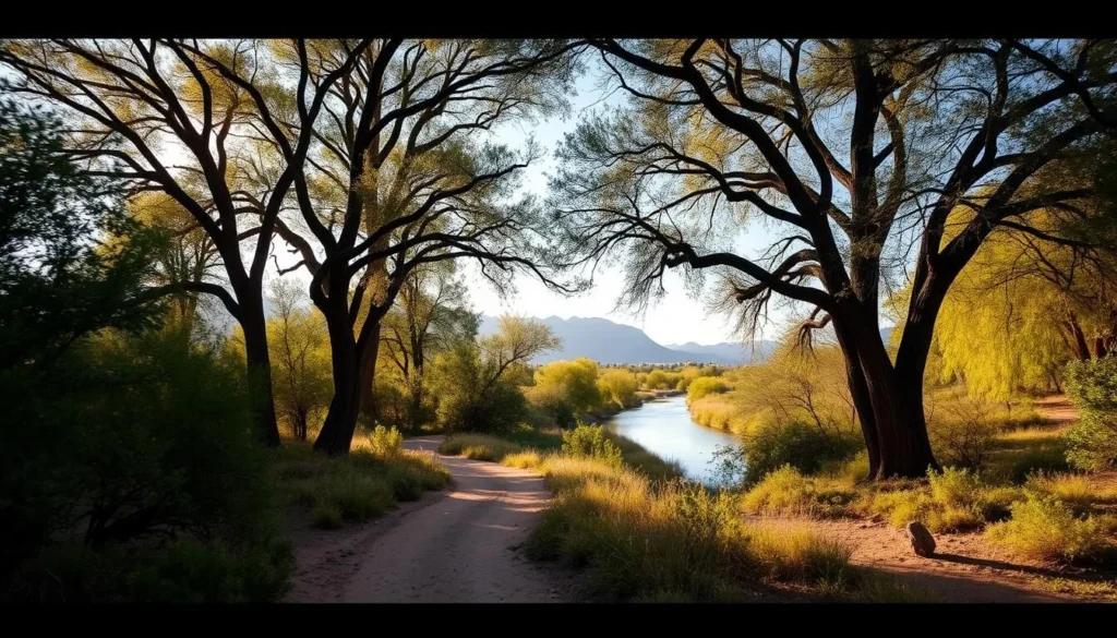 Juan Bautista de Anza National Historic Trail near Tubac Presidio with cottonwood trees and Santa Cruz River