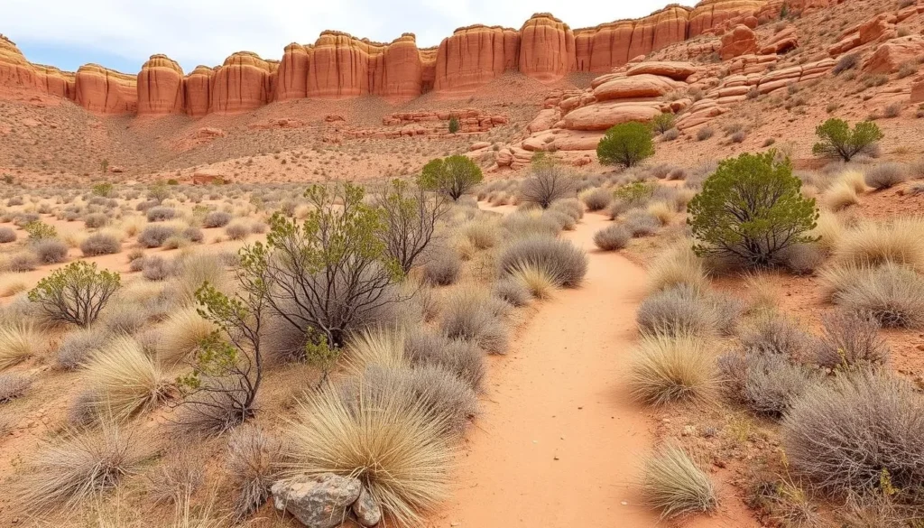 Juniper Draw Loop Trail with desert vegetation and Cathedral Gorge formations in background Juniper Draw Loop Trail with desert vegetation and Cathedral Gorge formations in background