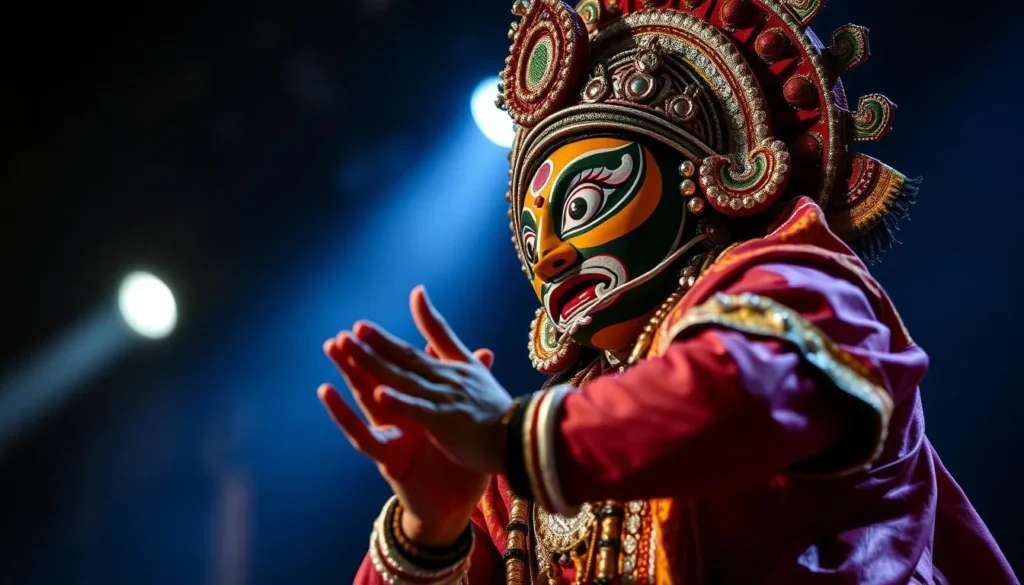 Kathakali performer in elaborate costume and makeup performing on stage