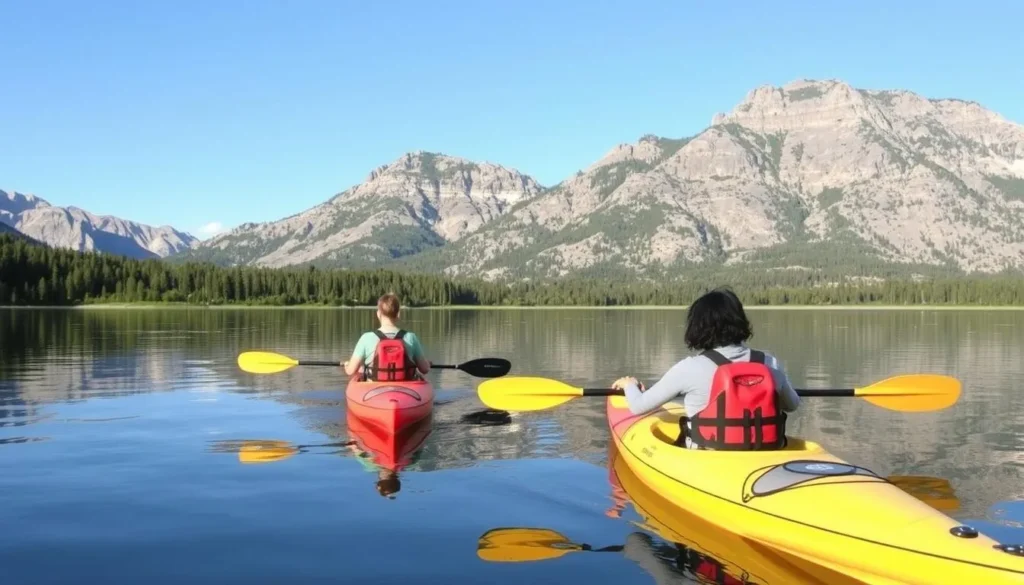 Kayakers enjoying a peaceful day on Monument Lake along the Highway of Legends