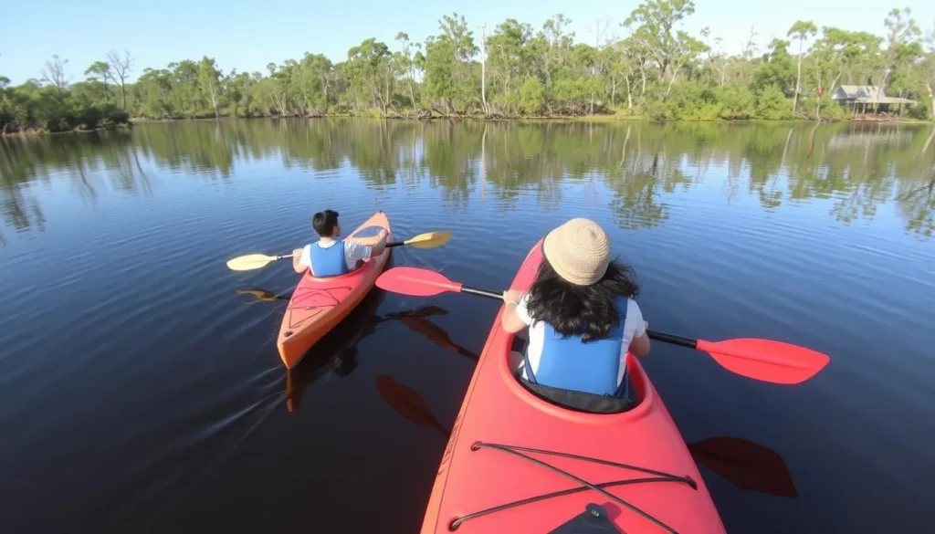 Kayakers exploring Bayou Bartholomew at Chemin-A-Haut State Park Louisiana