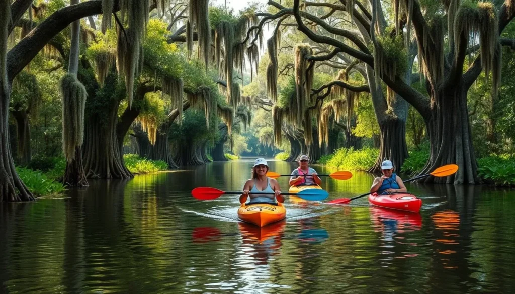 Kayakers exploring a peaceful bayou near the Great River Road in Louisiana Kayakers exploring a peaceful bayou near the Great River Road in Louisiana