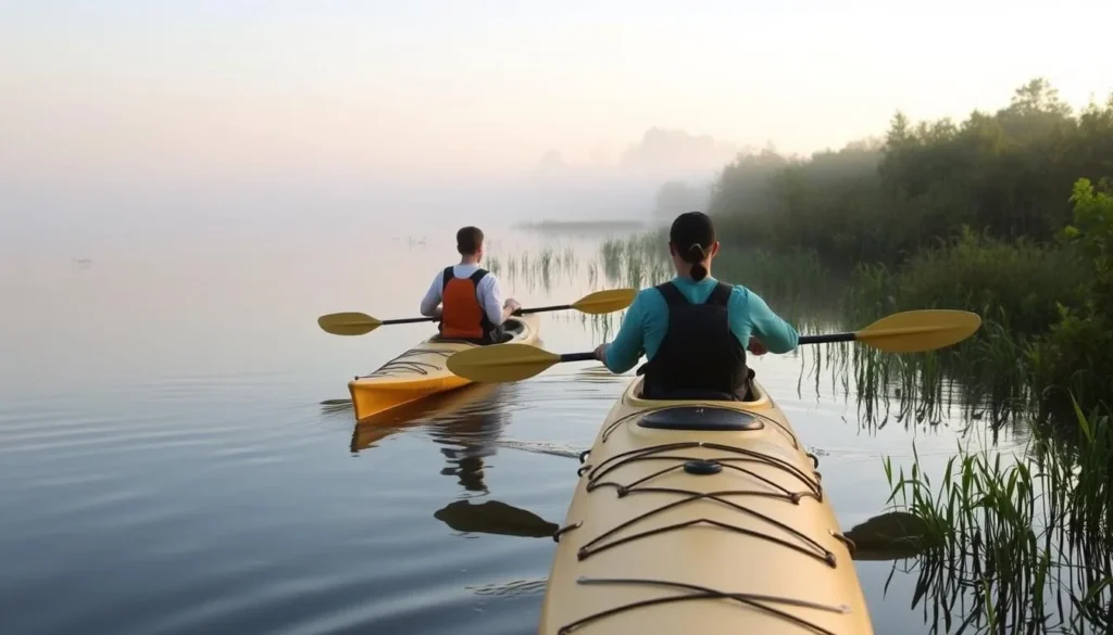 Kayakers exploring the backwaters of Rice Lake on a calm morning
