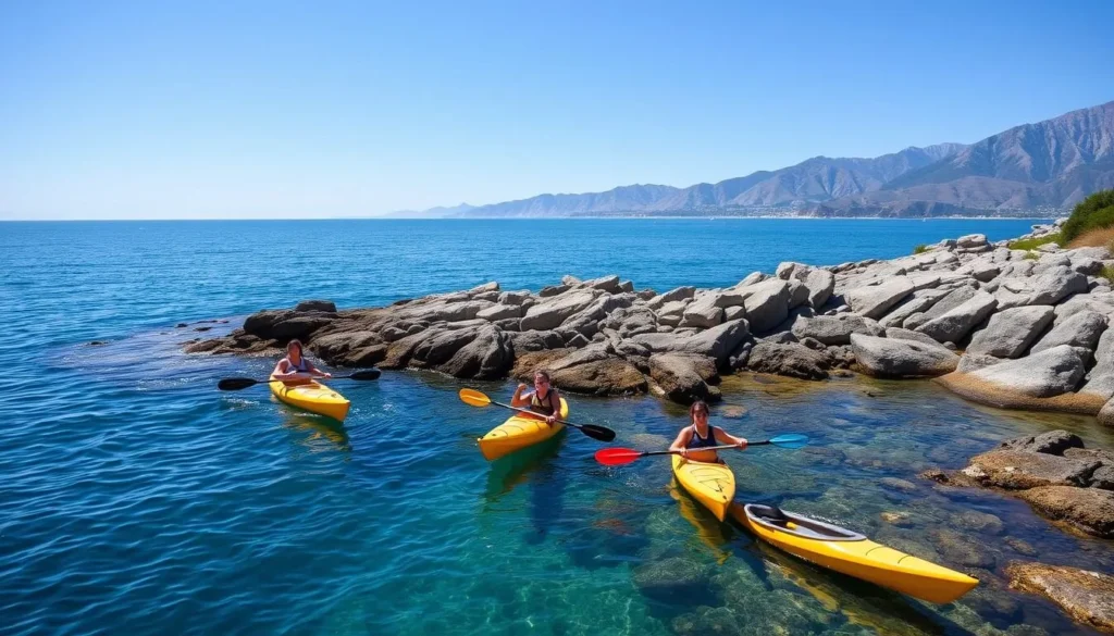 Kayakers exploring the coastline near Point Dume in Santa Monica Mountains