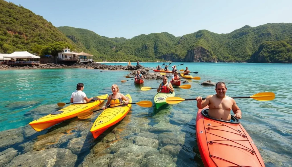Kayakers exploring the coastline near Zihuatanejo, showcasing outdoor activities as some of the best things to do in Zihuatanejo Mexico Kayakers exploring the coastline near Zihuatanejo, showcasing outdoor activities as some of the best things to do in Zihuatanejo Mexico