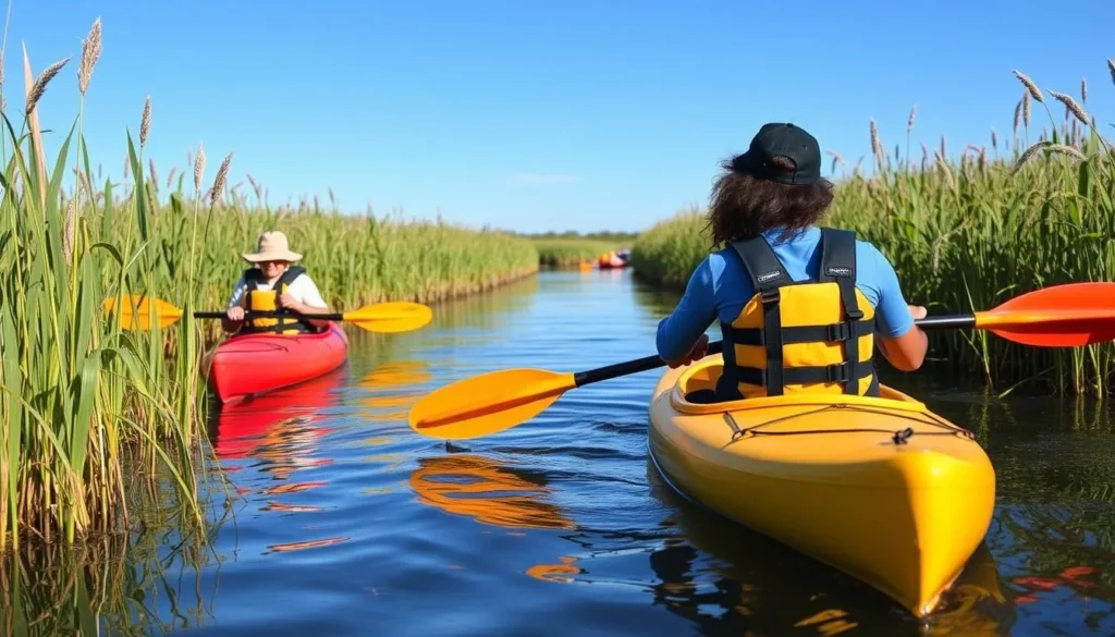 Kayakers exploring the marshlands near Timbalier Bay, Louisiana Kayakers exploring the marshlands near Timbalier Bay, Louisiana