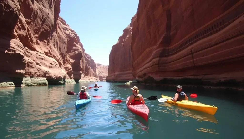 Kayakers exploring the narrow canyons of Lake Powell near Wahweap