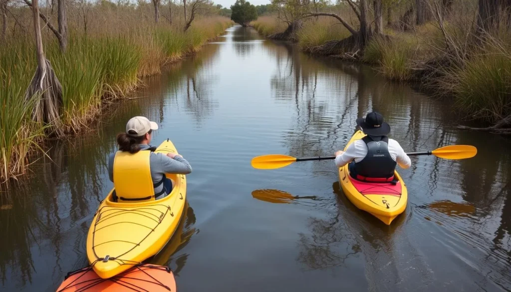 Kayakers exploring the narrow waterways through Pecan Island marshes Kayakers exploring the narrow waterways through Pecan Island marshes
