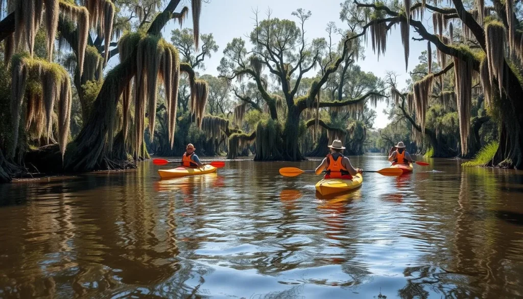 Kayakers exploring the waterways of Maurepas Swamp Wildlife Management Area Kayakers exploring the waterways of Maurepas Swamp Wildlife Management Area