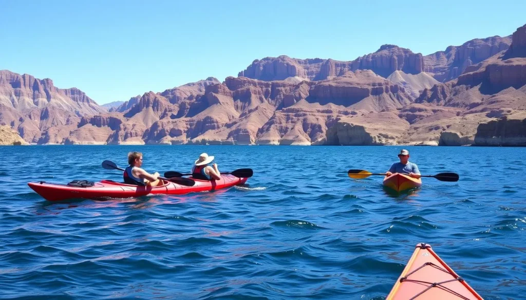 Kayakers on Lake Mead with canyon walls in background Kayakers on Lake Mead with canyon walls in background