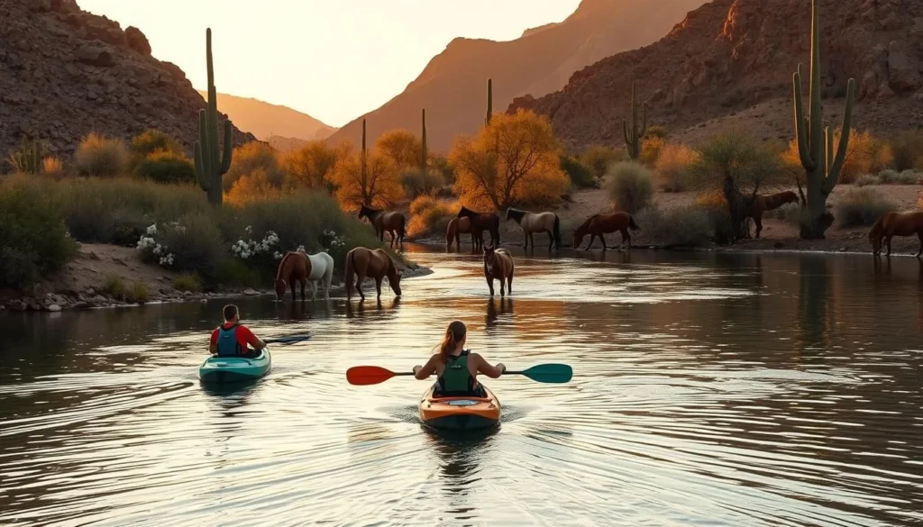 Kayakers on the Lower Salt River with wild horses visible on the shoreline