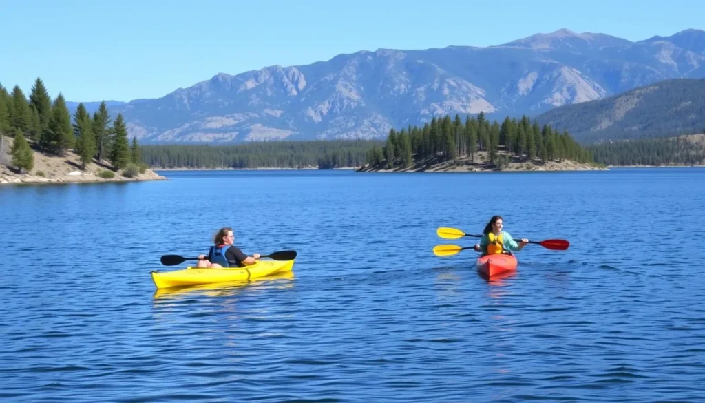 Kayakers paddling near Bird Island on Shadow Mountain Lake with mountain backdrop Kayakers paddling near Bird Island on Shadow Mountain Lake with mountain backdrop
