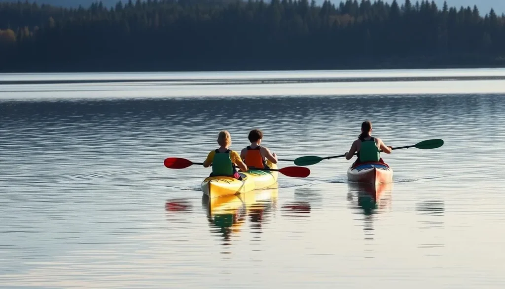 Kayakers paddling on Lake Earl with forested shoreline in background Kayakers paddling on Lake Earl with forested shoreline in background