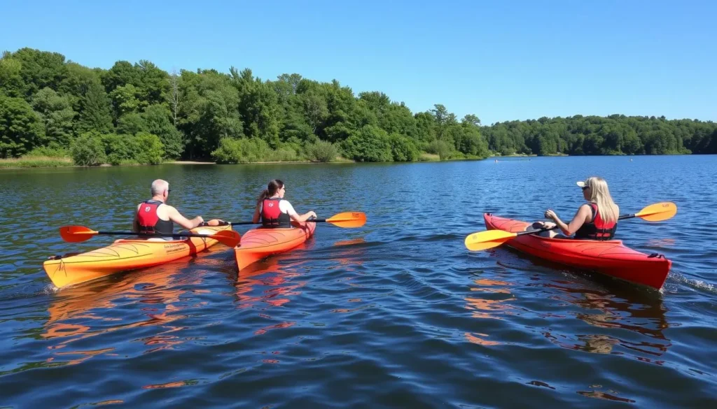 Kayakers paddling on Pierce Lake at Rock Cut Nature Preserve Illinois Kayakers paddling on Pierce Lake at Rock Cut Nature Preserve Illinois