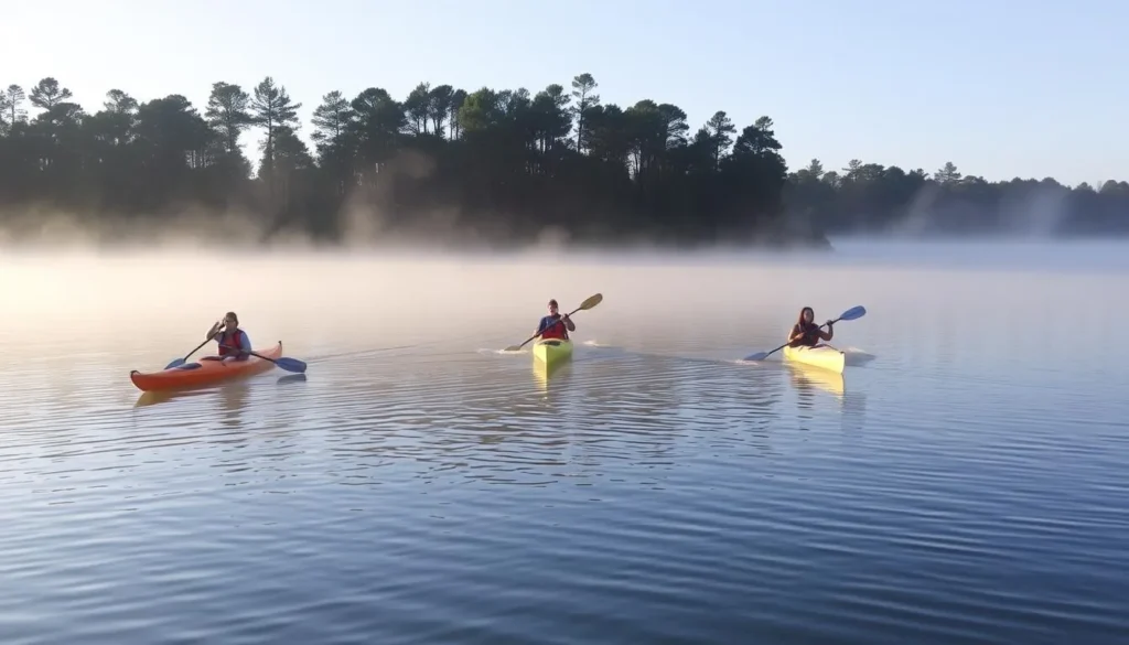 Kayakers paddling on calm waters of Caney Lake Kayakers paddling on calm waters of Caney Lake