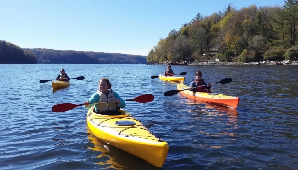 Kayakers paddling on the Delaware River near Washington Crossing Historic Park
