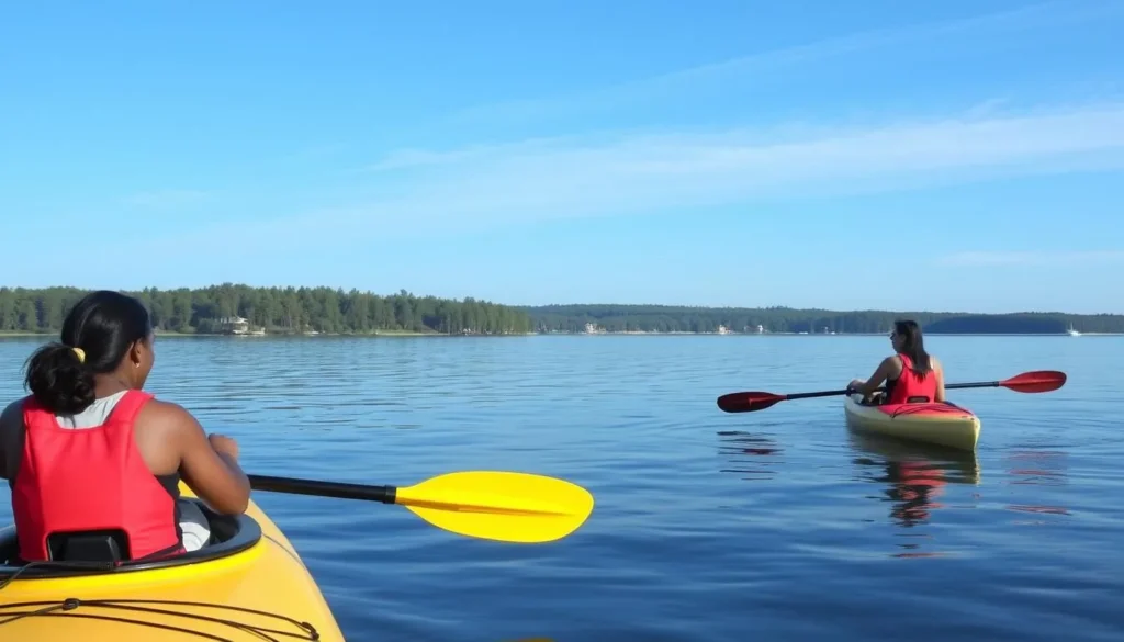 Kayaking on Toledo Bend Reservoir with pine-covered shoreline