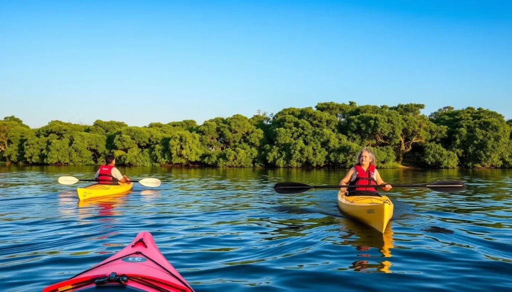 Kayaking on the Mandovi River near Panaji with mangroves in the background