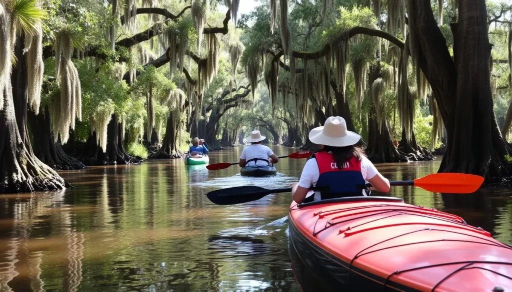 Kayaking through cypress trees in Delta National Wildlife Refuge Louisiana Kayaking through cypress trees in Delta National Wildlife Refuge Louisiana