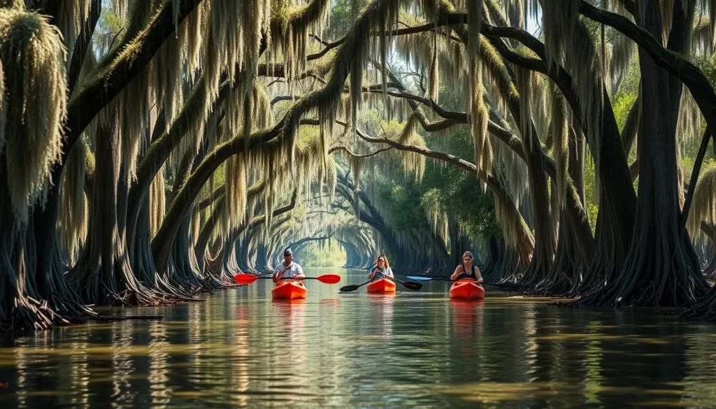 Kayaking through cypress trees in Vermilion Bay Wetlands Louisiana