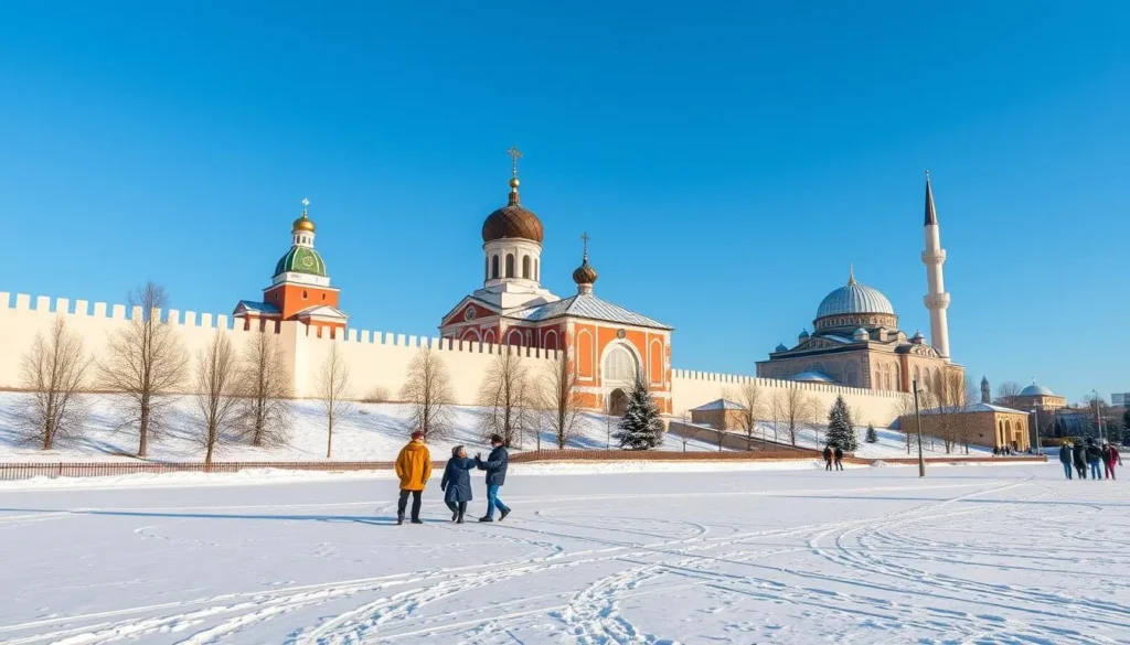 Kazan Kremlin in winter with snow-covered grounds and buildings against a clear blue sky Kazan Kremlin in winter with snow-covered grounds and buildings against a clear blue sky