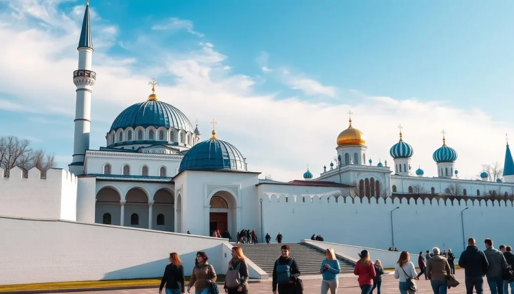 Kazan Kremlin with the iconic blue-domed Kul Sharif Mosque and white walls in daytime