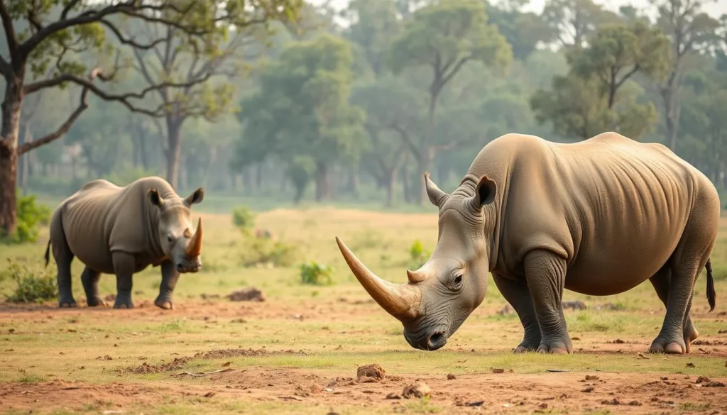 Kaziranga National Park with one-horned rhinoceros grazing in natural habitat