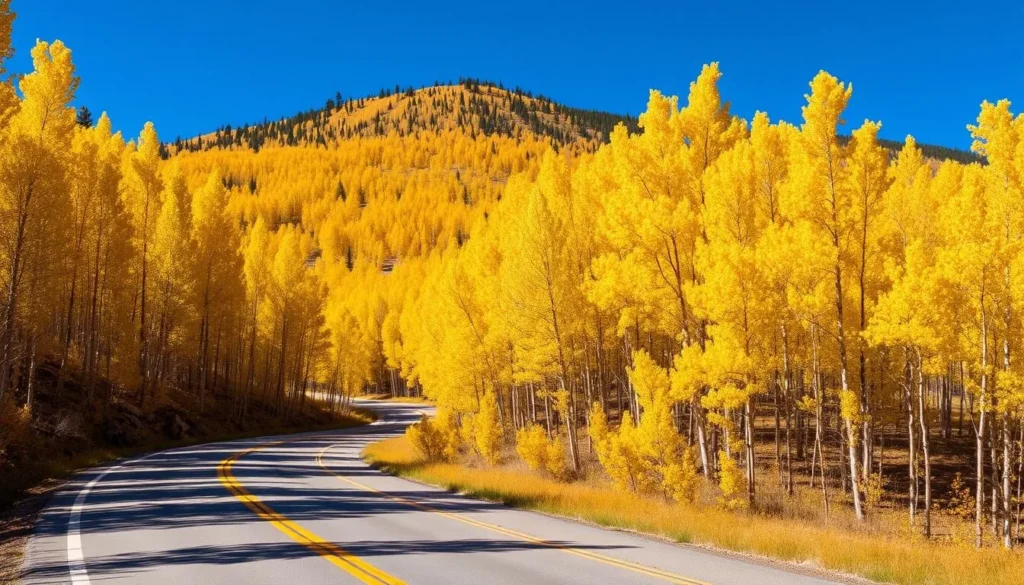 Kebler Pass road with autumn aspen colors in Colorado