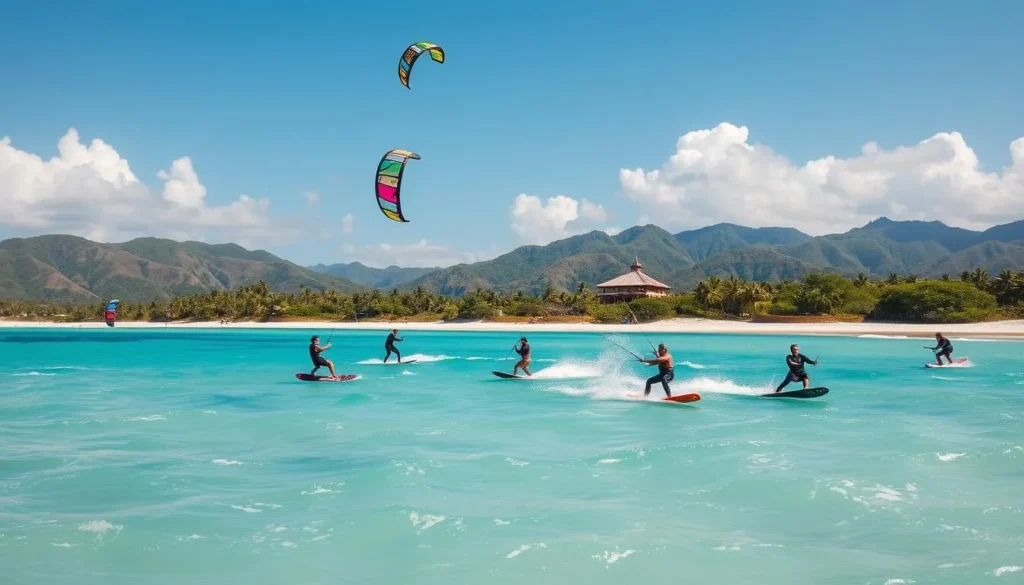 Kiteboarding at Cabarete Beach with colorful kites in the air