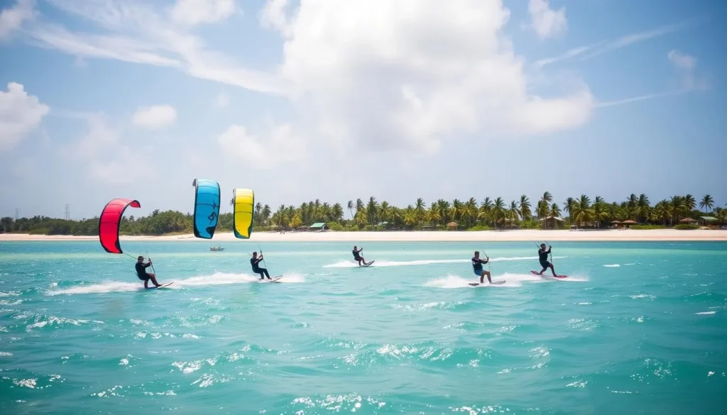 Kiteboarding in Cabarete with colorful kites over turquoise water