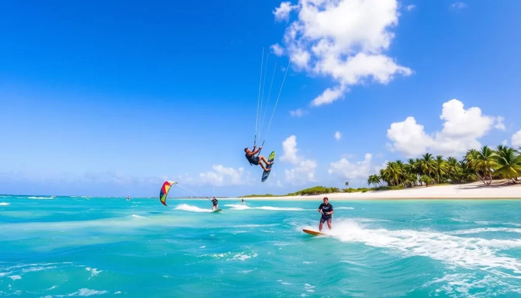 Kitesurfers in action at Kite Beach Cabarete with colorful kites against blue sky