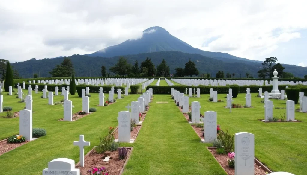 Kohima War Cemetery with well-maintained graves and mountain backdrop