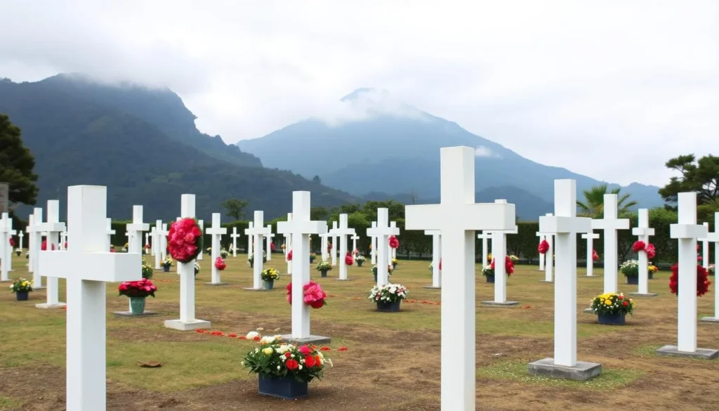 Kohima War Cemetery with white crosses and beautiful floral arrangements against mountain backdrop