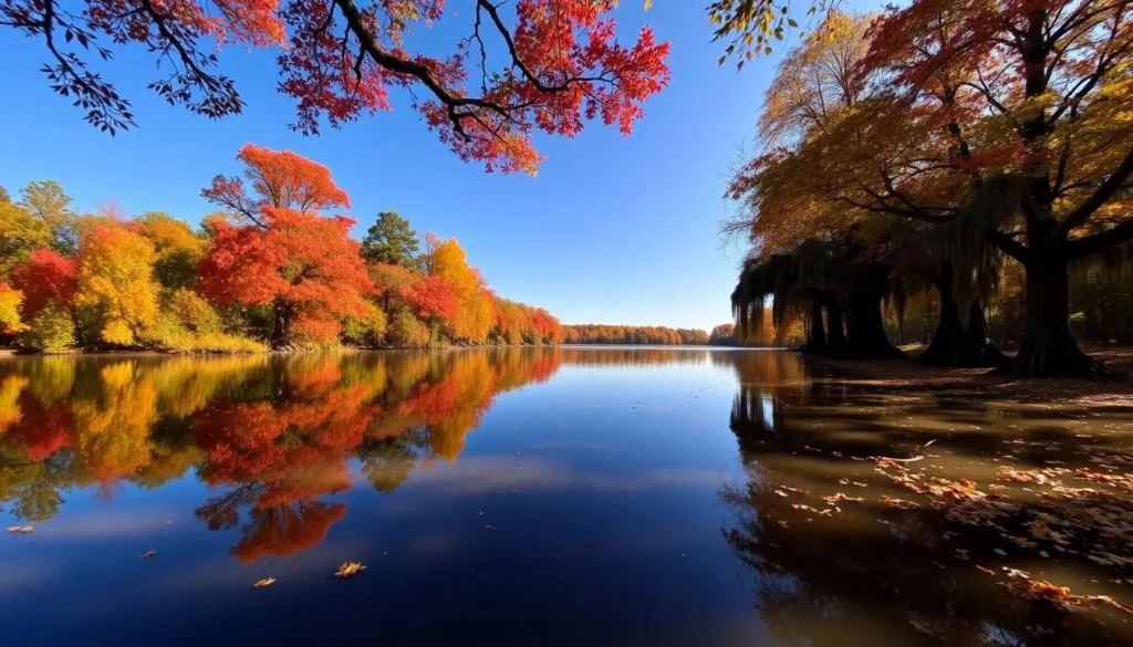 Lake Bistineau State Park in autumn with colorful foliage reflecting in the calm water