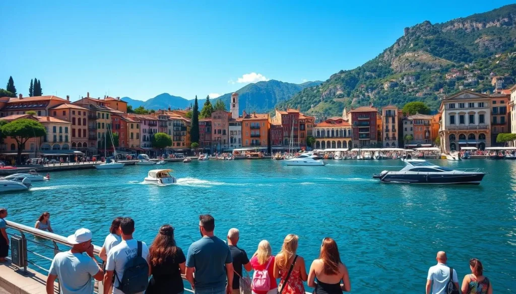 Lake Como in northern Italy with colorful waterfront buildings and mountains