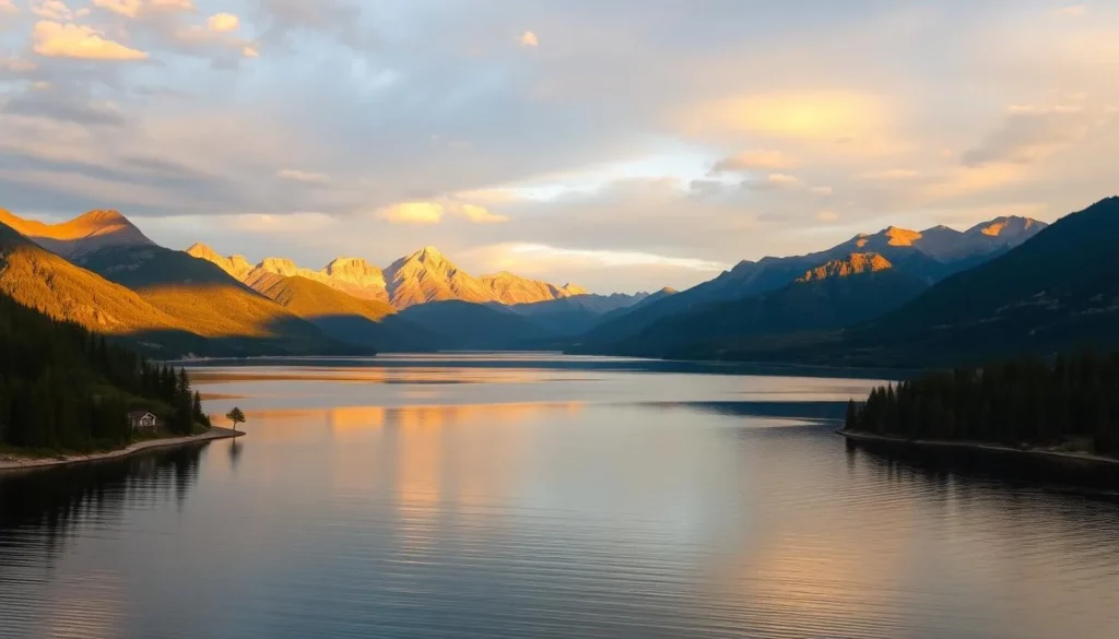 Lake Irwin during sunset with golden light on mountains