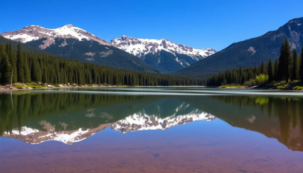 Lake Irwin with mountain reflections and surrounding forest