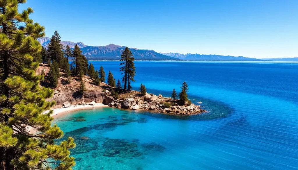 Lake Tahoe scenic view with mountains and clear blue water Lake Tahoe scenic view with mountains and clear blue water