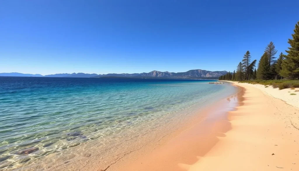 Lake Tahoe shoreline near Ward Creek with mountains in background