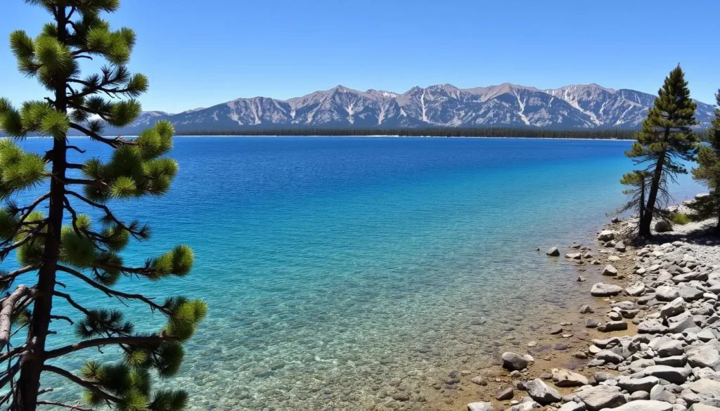 Lake Tahoe shoreline with crystal clear water and mountain backdrop