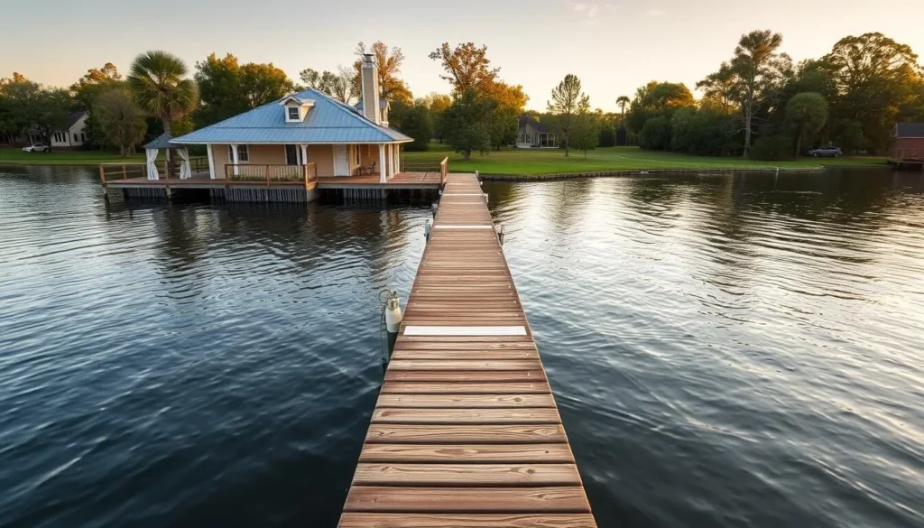 Lakefront rental home on False River with private dock and gazebo at sunset Lakefront rental home on False River with private dock and gazebo at sunset
