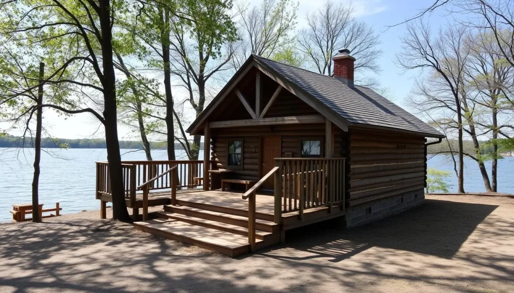 Lakeside cabin at Siloam Springs State Park Illinois with a deck overlooking the water