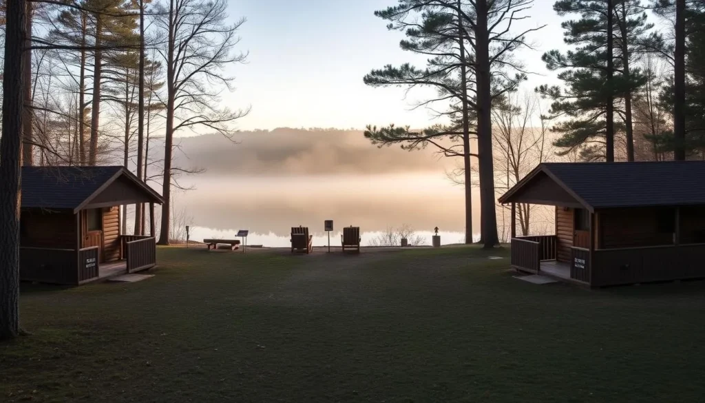 Lakeside cabins at Rend Lake with morning mist over water
